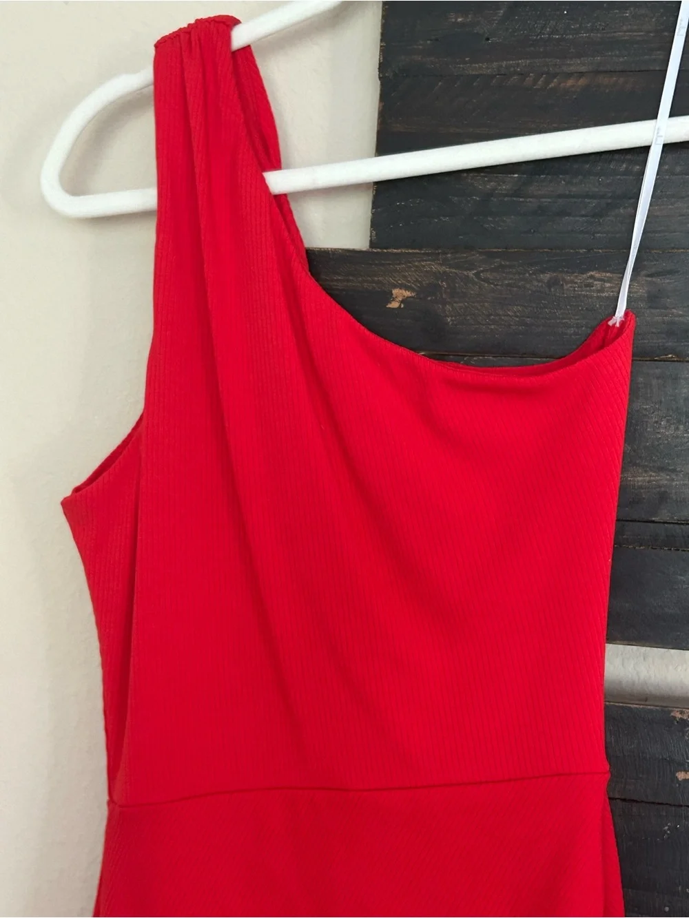 Lulus Centered on Style Red One-Shoulder Bodycon Ribbed Midi Dress Ruched Slit - Picture 7 of 13